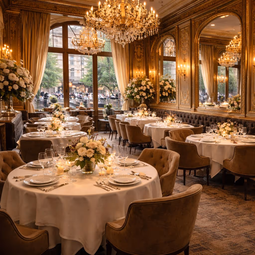Elegant restaurant interior with natural daylight in Paris city center