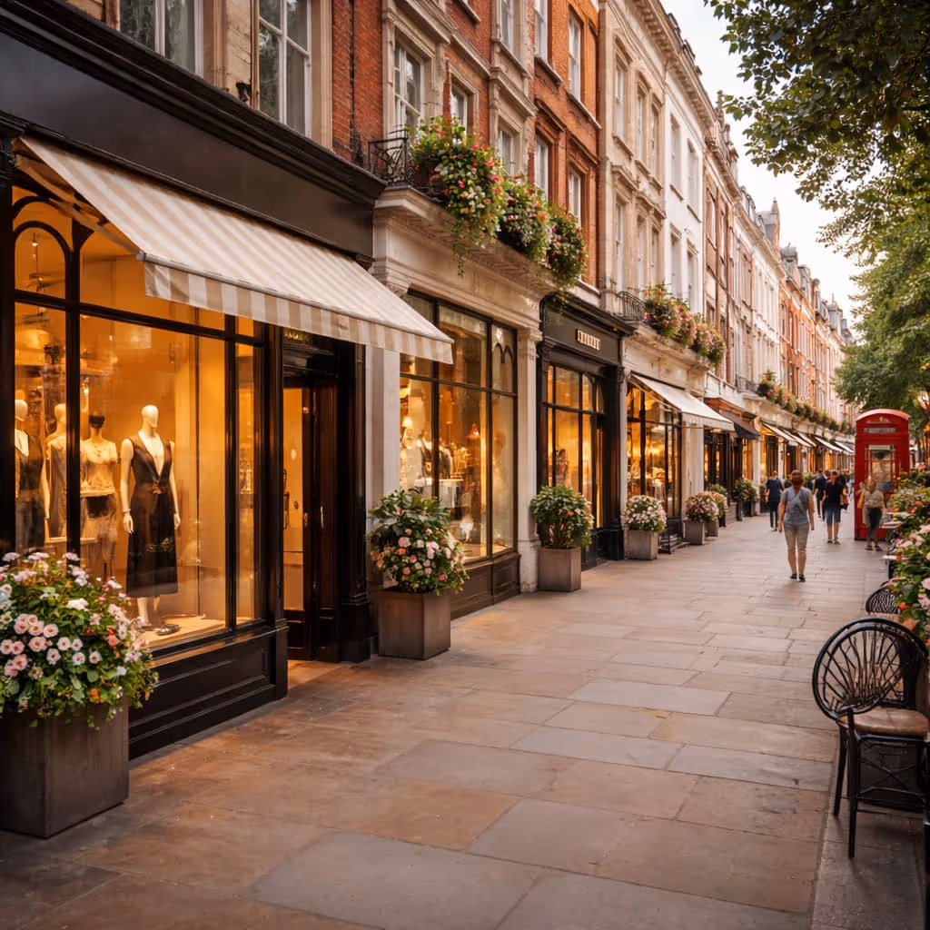 Retail shops along an elegant high street in London city center
