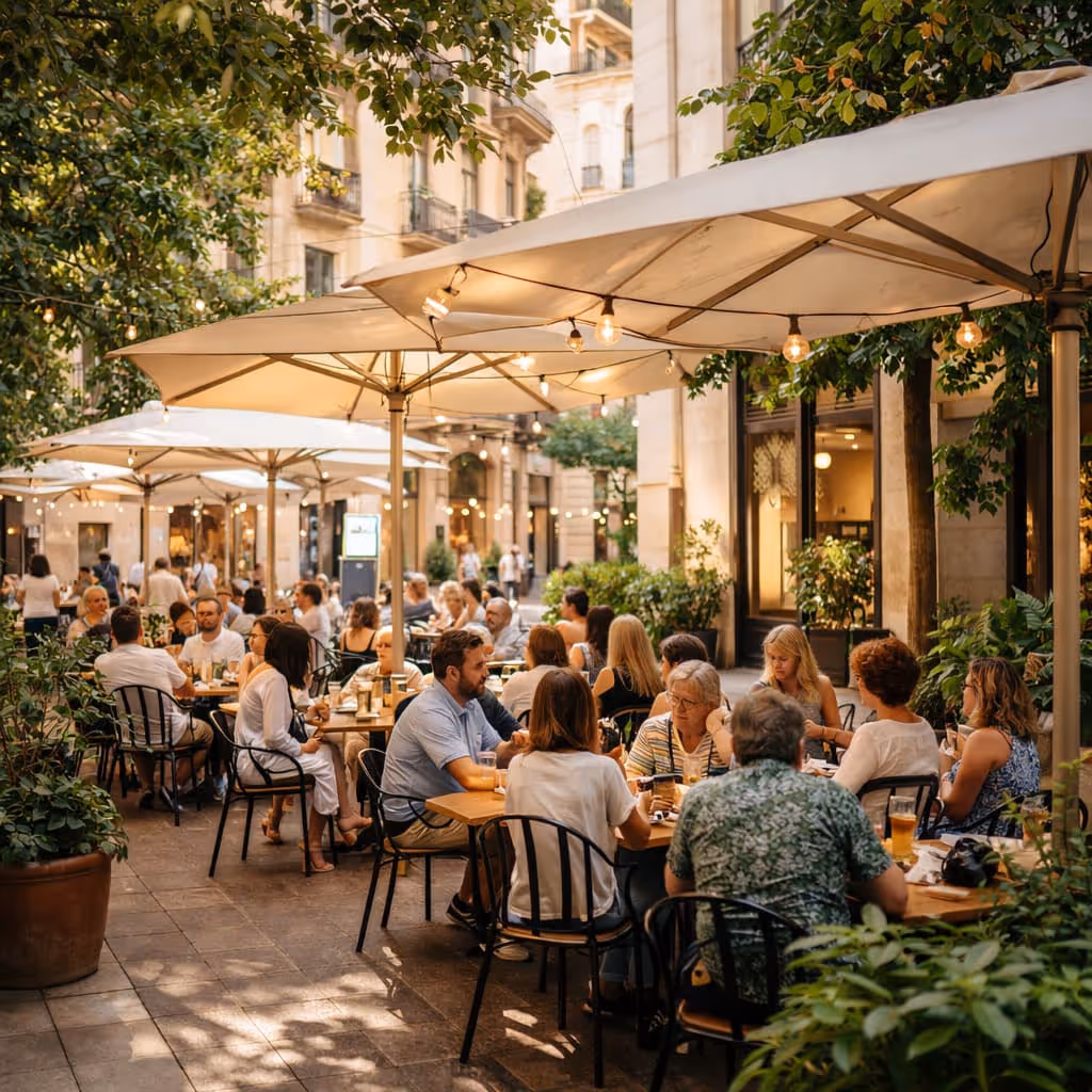 Outdoor café terrace on a lively street in Barcelona