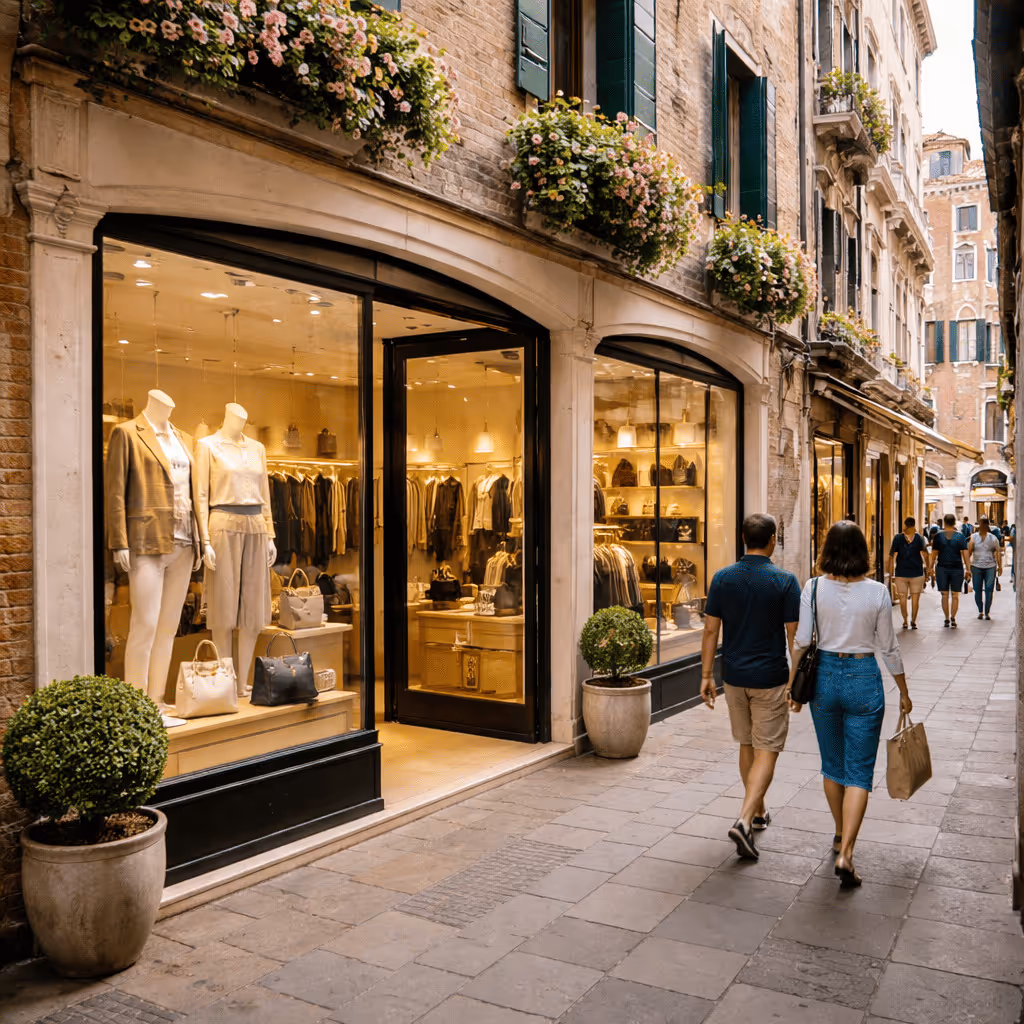 Fashion boutique storefront on a historic street in Venice city cente