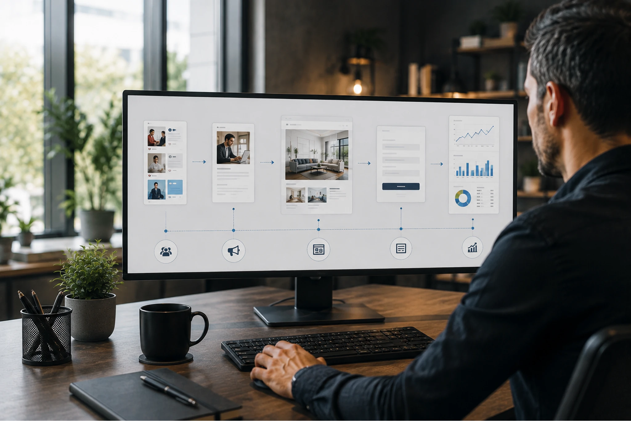 Összekapcsolt online marketing rendszer social media, hirdetés, weboldal és mérés elemekkel