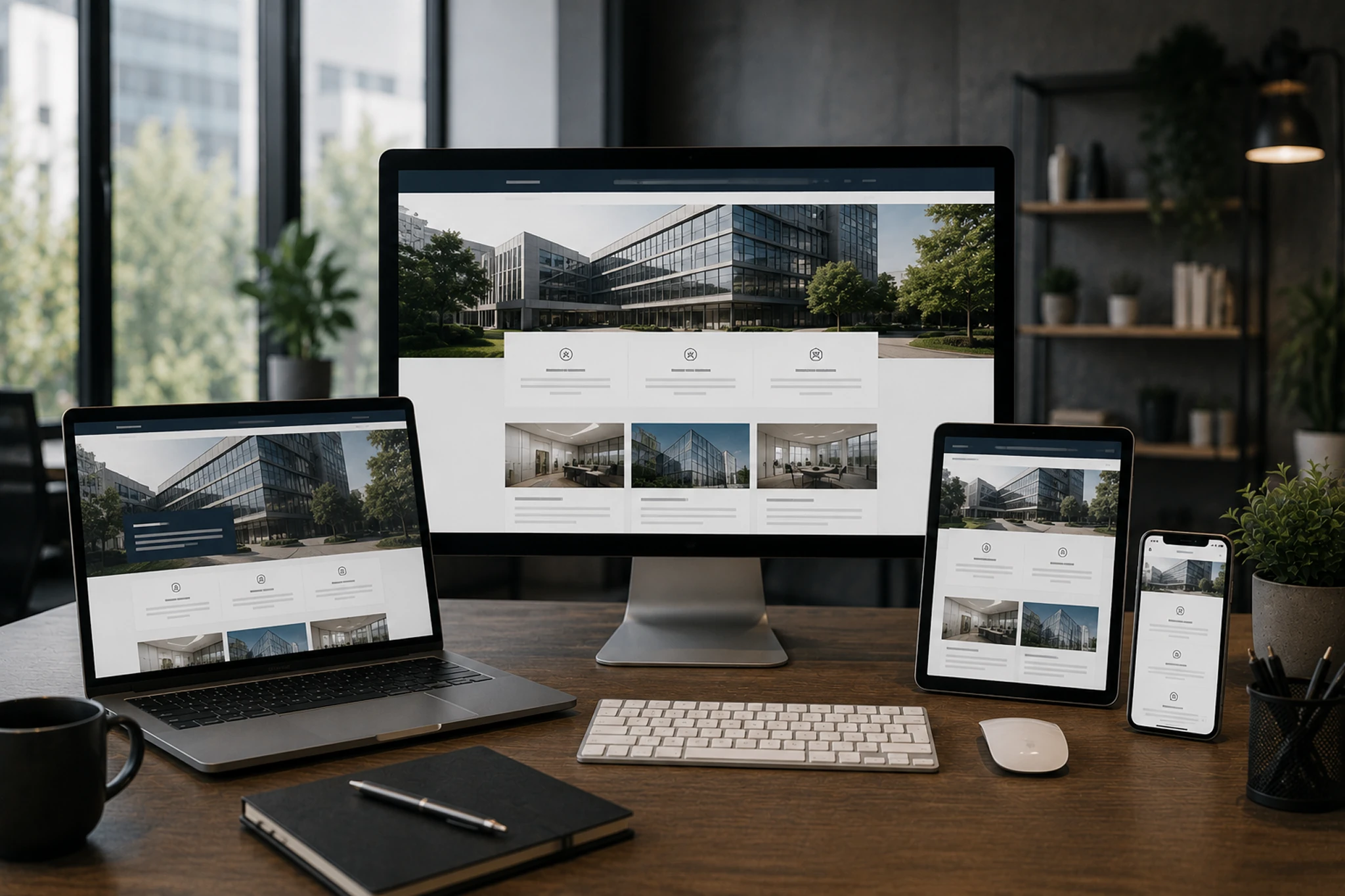 Reszponzív vállalati weboldal megjelenése asztali gépen, laptopon, tableten és mobilon