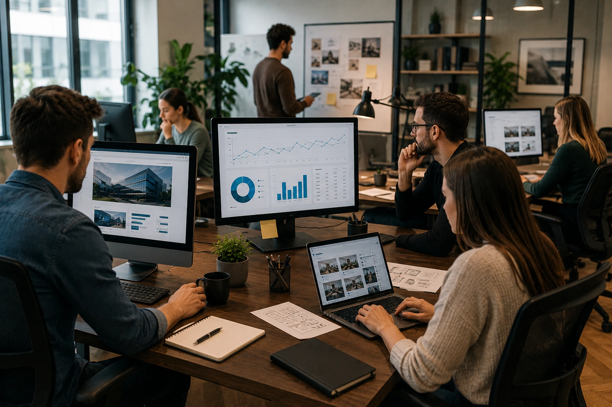 Marketingügynökségi csapat webdesign, hirdetéskezelés és tartalomgyártás összehangolása közben