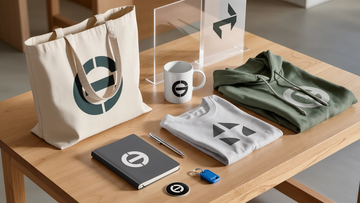 Table en bois avec sac en toile, mug, sweat à capuche vert, t-shirt gris, carnet, stylo, badge noir et porte-clés bleu, tous affichant des logos abstraits géométriques.