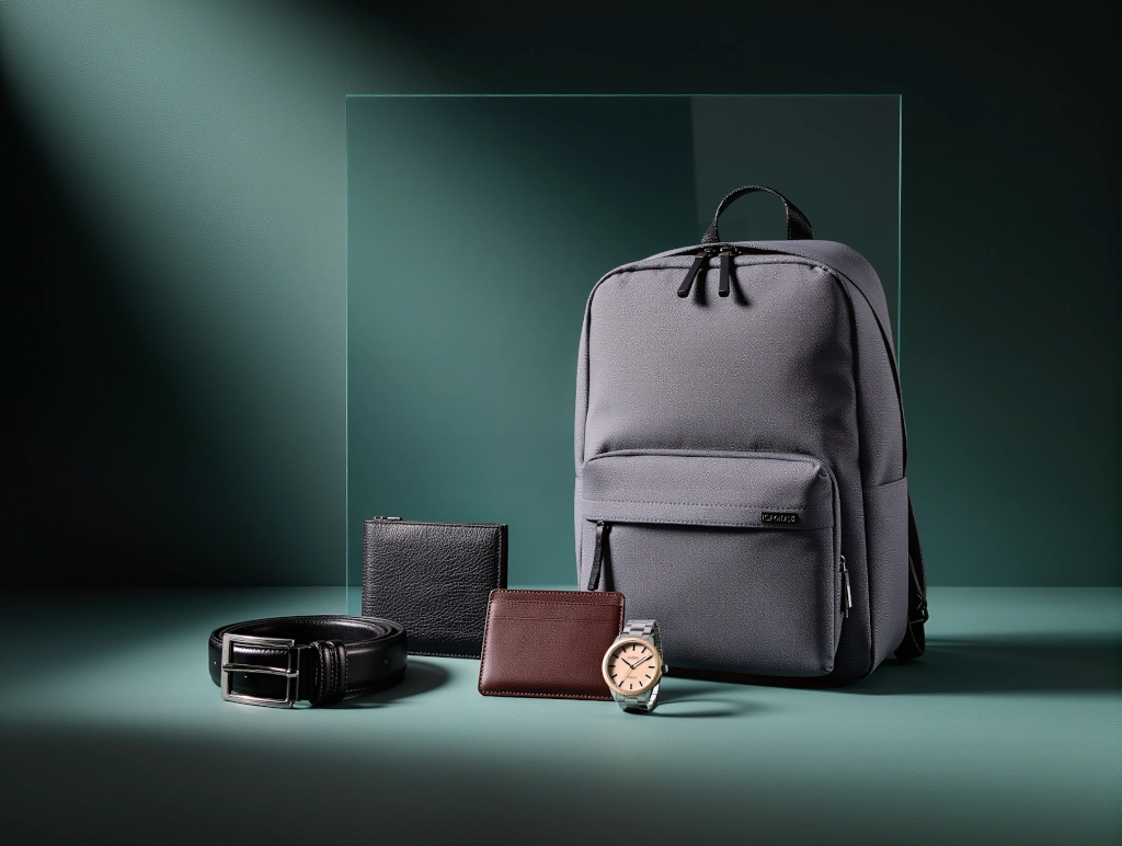 Sac à dos gris, montre à bracelet métallique, portefeuille marron, porte-monnaie noir et ceinture en cuir noir sur fond vert.