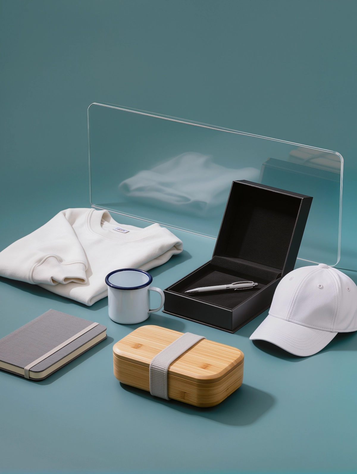 Ensemble d'objets promotionnels comprenant un sweat-shirt blanc plié, une tasse en métal émaillé, un carnet gris, une boîte en bambou, une casquette blanche et un stylo argenté dans une boîte noire ouverte.