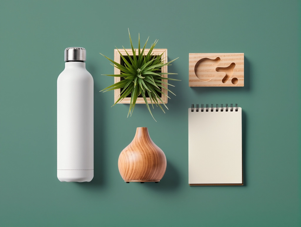 Bouteille blanche, plante verte en pot carré en bois, diffuseur d'huiles essentiel en bois, bloc-notes à spirale et support en bois avec formes découpées sur fond vert.