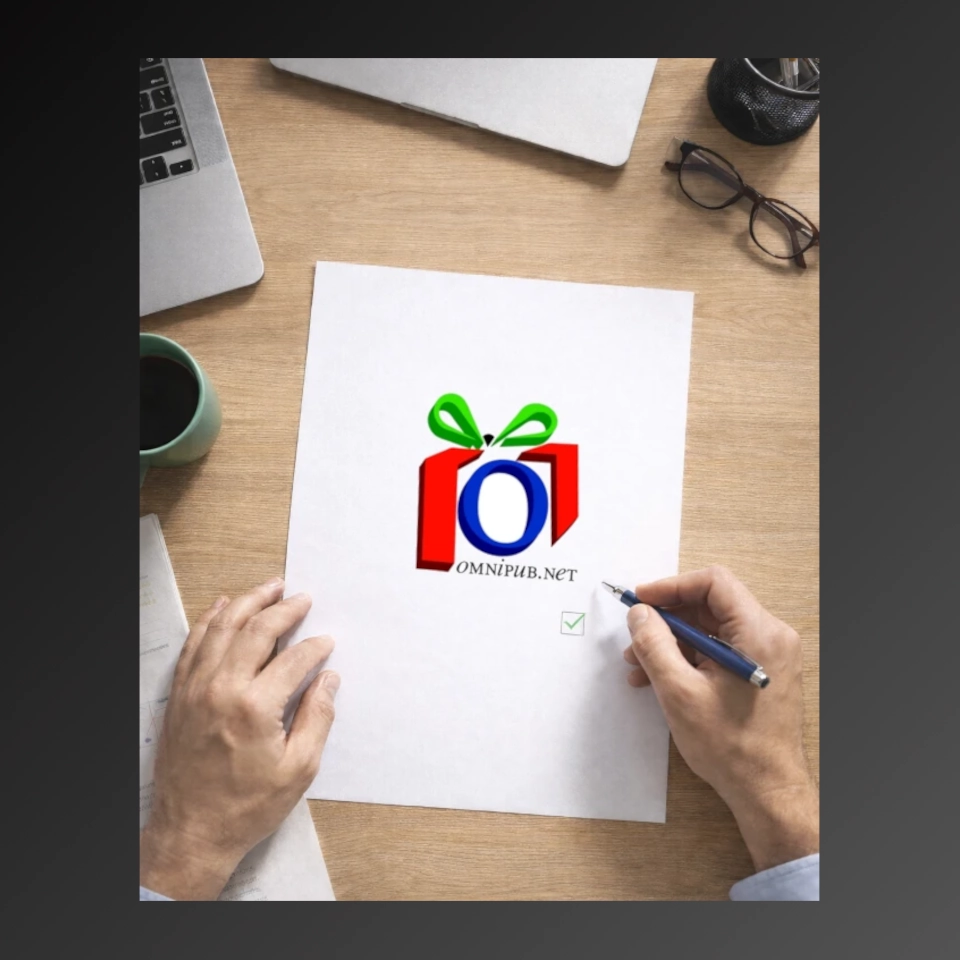 Mains tenant une feuille avec le logo Omnipub.net et une case cochée, sur un bureau en bois avec un ordinateur portable, une tasse de café et des lunettes.