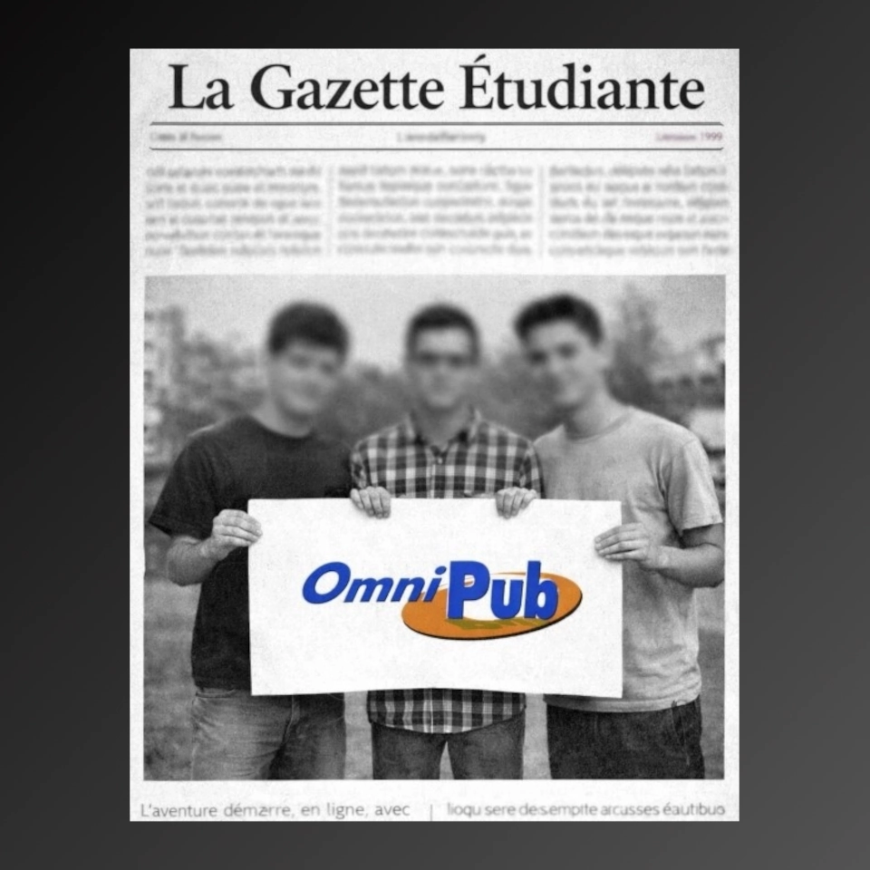 Trois étudiants tenant une affiche avec le logo OmniPub dans une page de La Gazette Étudiante, édition hiver 1999.