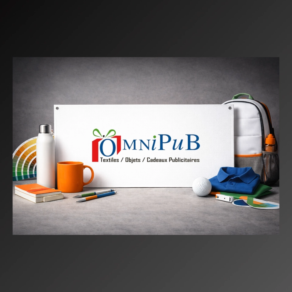 Planche blanche avec logo Omnipub et texte Textiles / Objets / Cadeaux Publicitaires entourée d'objets promotionnels comme une gourde, une tasse orange, des carnets, des stylos, un polo bleu, une balle de golf, un sac à dos et un nuancier de couleurs.