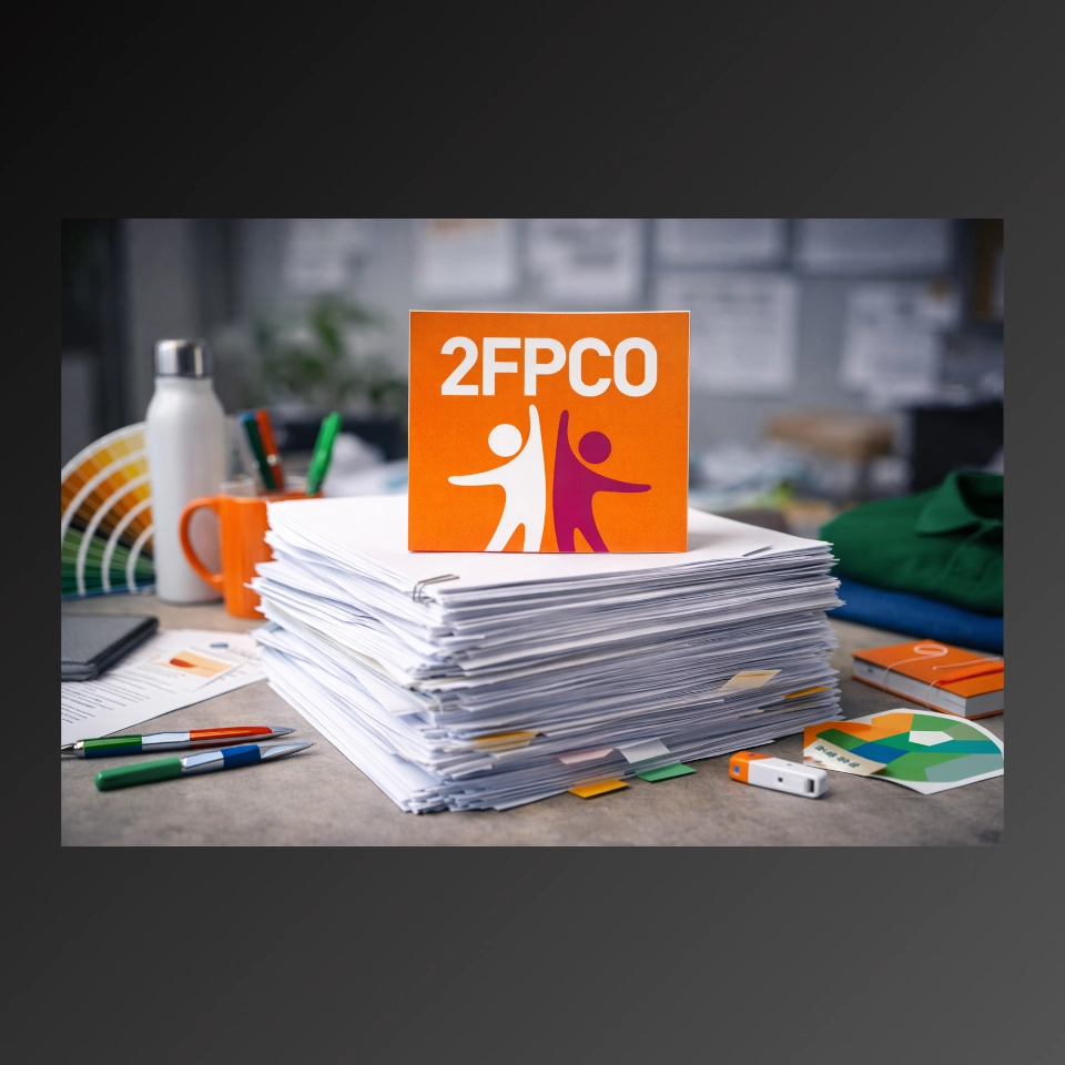Une pile épaisse de documents avec une carte orange sur le dessus indiquant 2FPCO, entourée de stylos, d'une bouteille, et d'échantillons de couleurs sur un bureau.