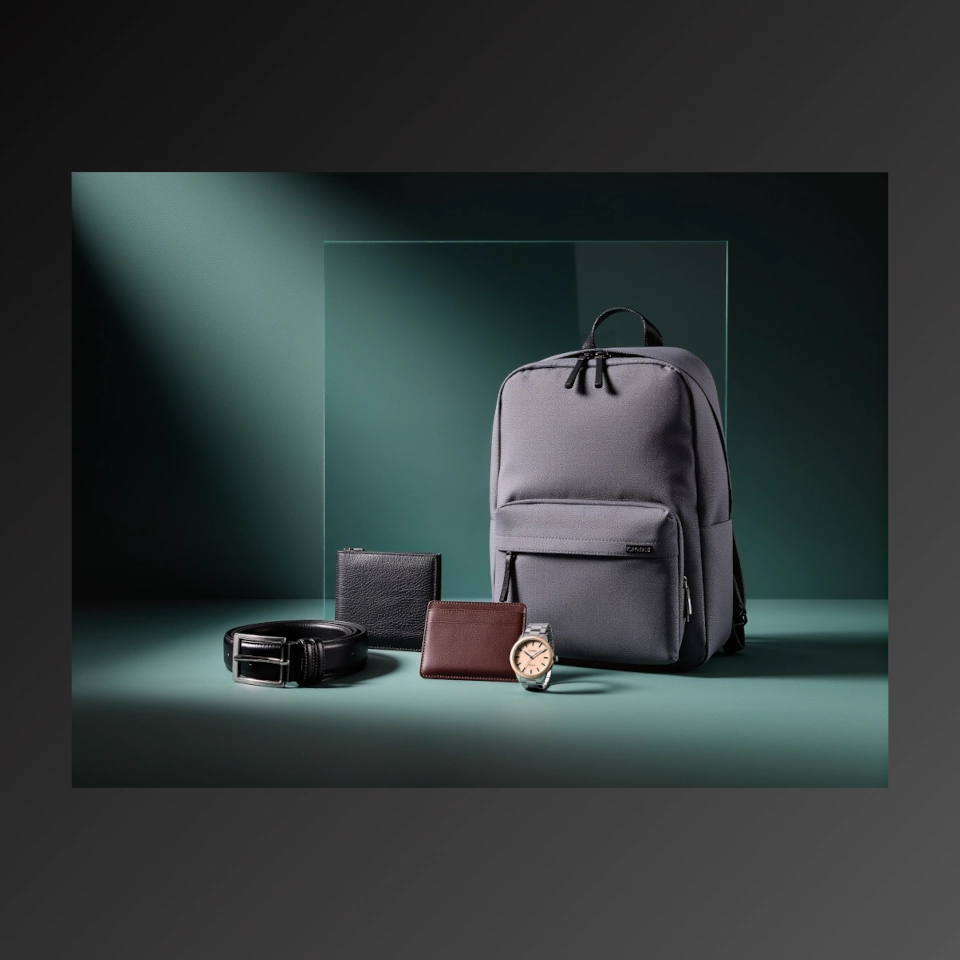 Une composition élégante avec un sac à dos gris, deux portefeuilles, une ceinture en cuir noir et une montre-bracelet sur fond vert foncé.