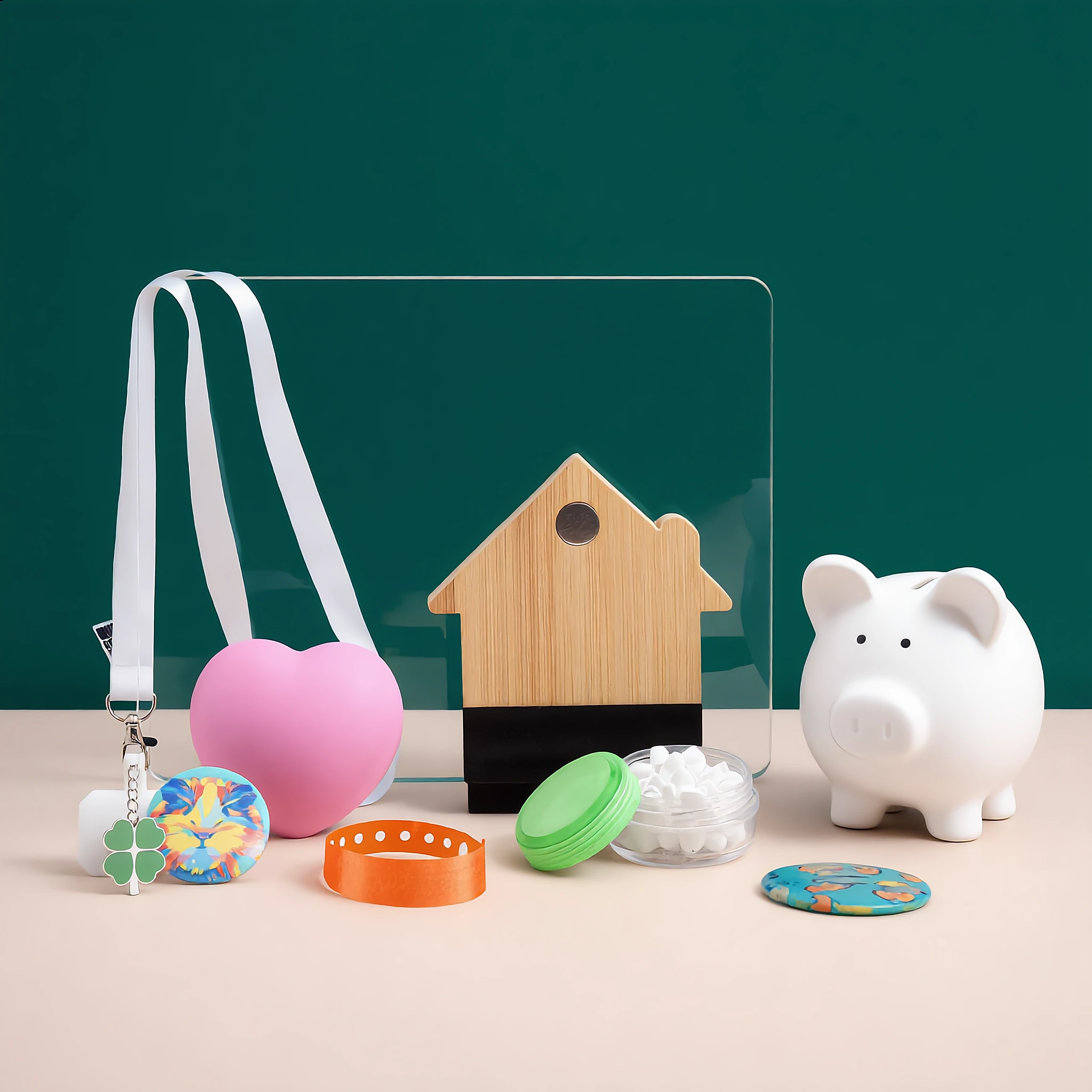 Divers objets promotionnels sur une surface beige avec fond vert, incluant un porte-badge avec cordon blanc, une coque rose en forme de cœur, un porte-clés trèfle, un bracelet orange, un distributeur de pastilles blanches vert, une pièce à monter en forme de maison en bois, et une tirelire blanche en forme de cochon.
