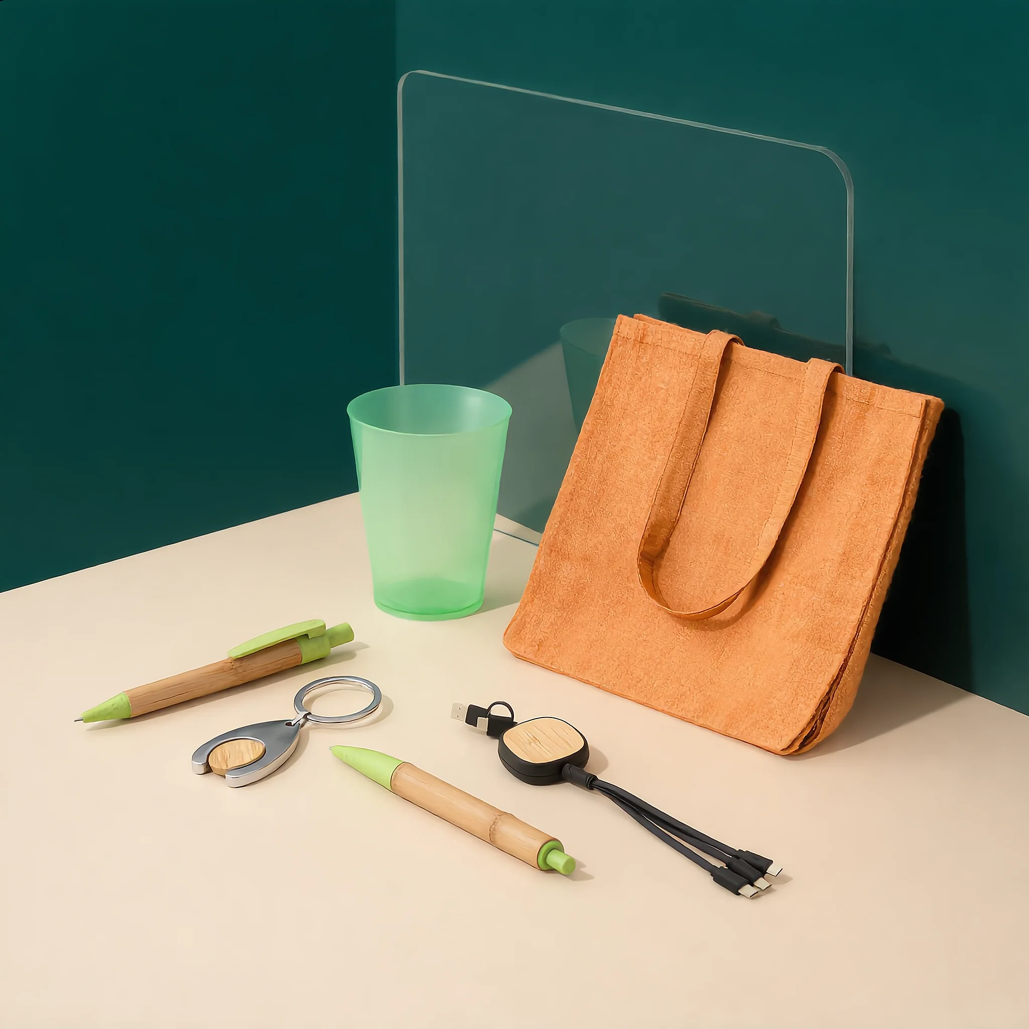 Ensemble d'objets promotionnels comprenant un sac orange, un gobelet vert, deux stylos en bambou avec embouts verts, un porte-clés métallique avec insert en bois et un câble USB multi-embouts.