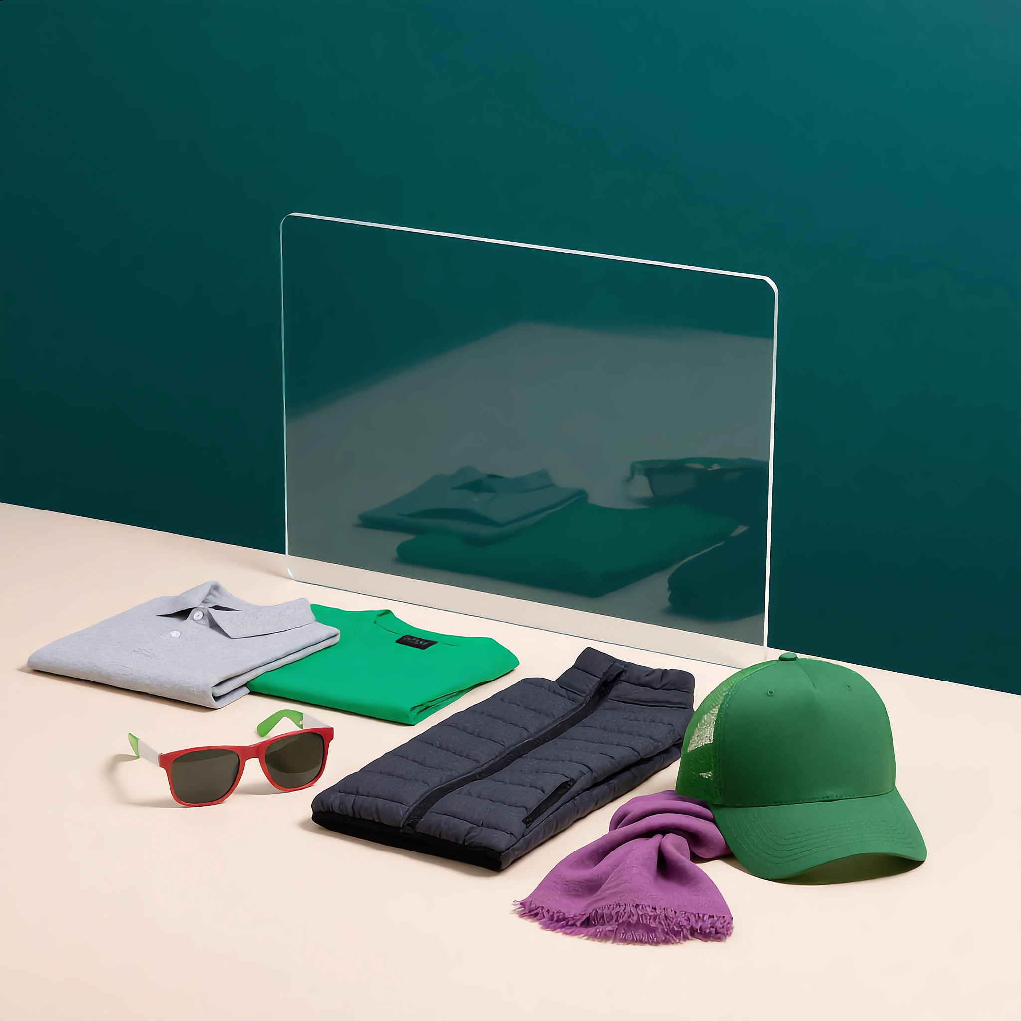 Vêtements pliés comprenant un polo gris, un t-shirt vert, une veste noire, une casquette verte, une écharpe violette et des lunettes de soleil rouges et blanches sur une surface beige avec fond vert.