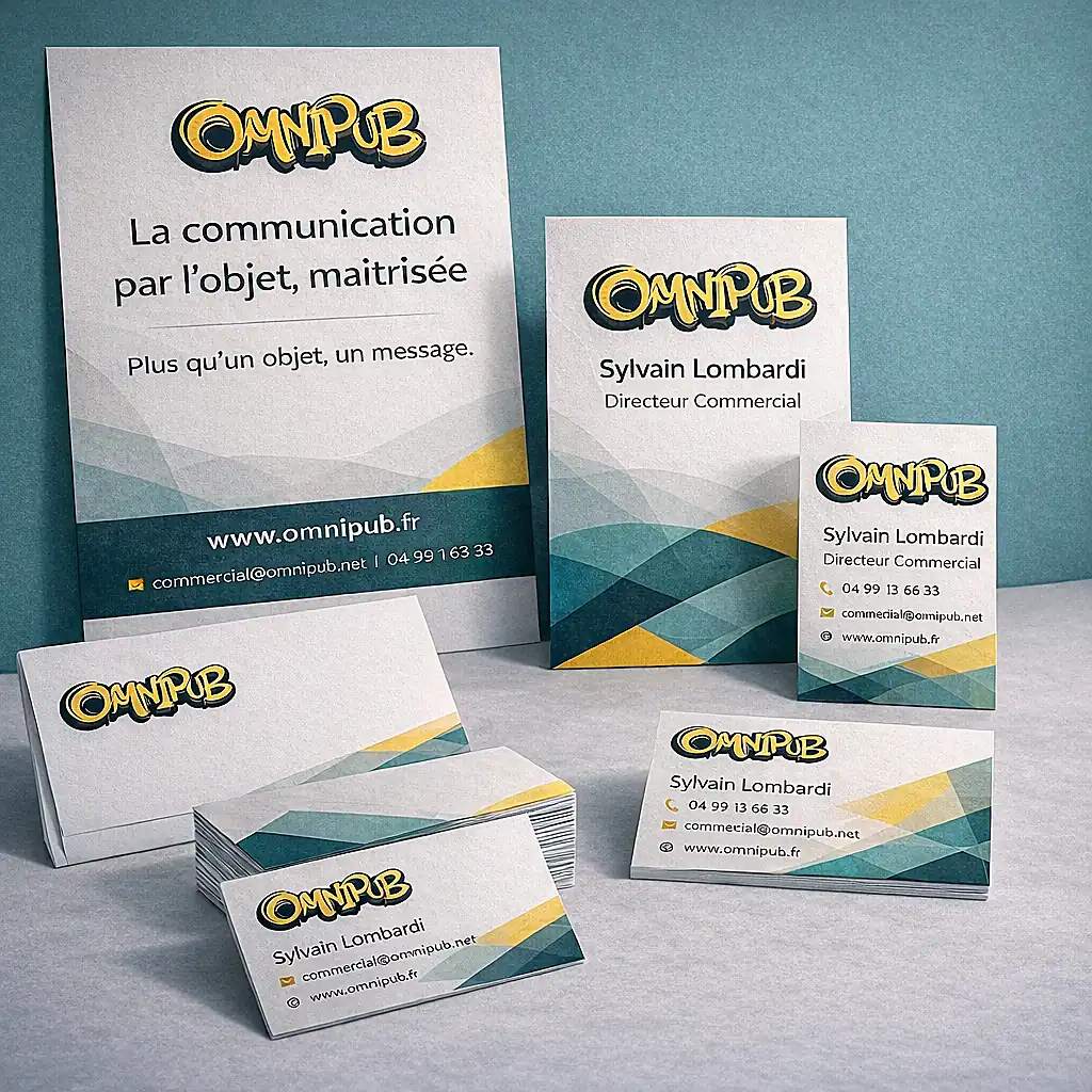 Papeterie professionnelle Omnipub comprenant affiches et cartes de visite avec le nom Sylvain Lombardi et les coordonnées de contact.