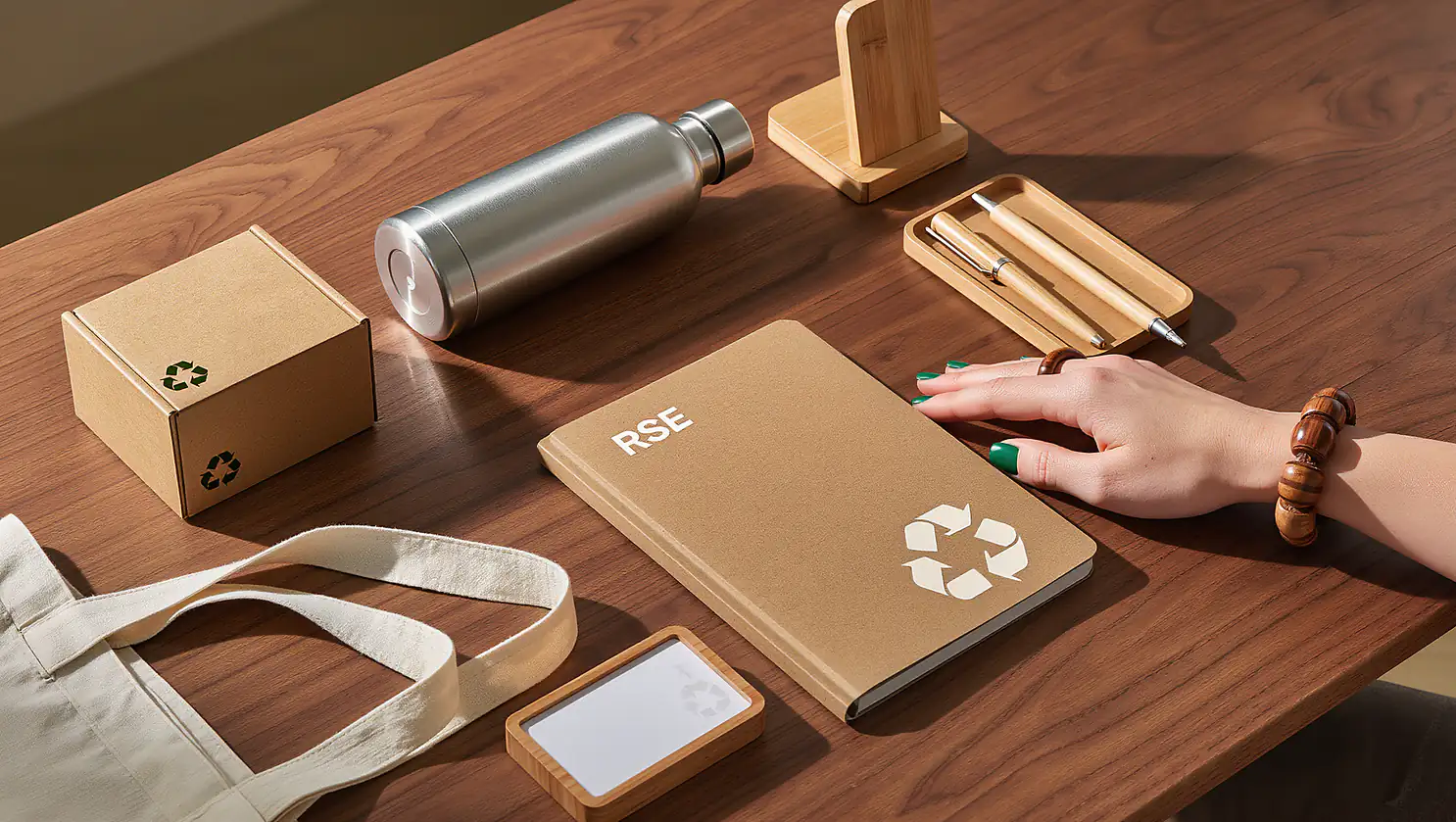 Main posée sur un carnet recyclé marqué RSE, entourée d'objets de bureau écoresponsables sur une table en bois.