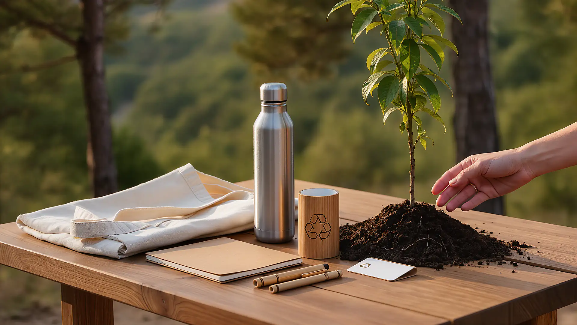 Une main touche une jeune plante en pot sur une table en bois avec une bouteille en acier inoxydable, un carnet, deux stylos, un porte-stylo avec un symbole de recyclage, un sac en tissu plié, et un environnement naturel flou en arrière-plan.