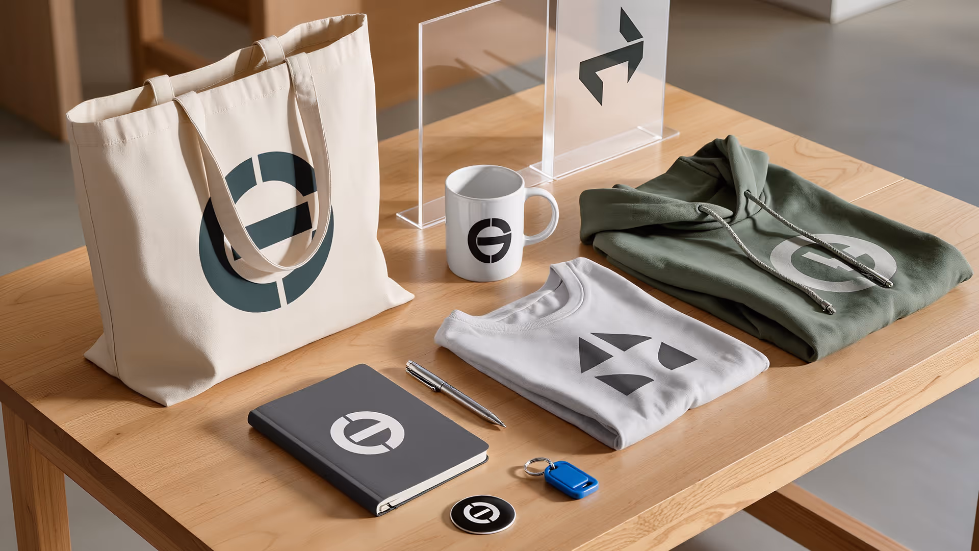 Sac en toile, tasse, carnet, stylos, t-shirt, sweat à capuche et porte-clés sur table en bois.