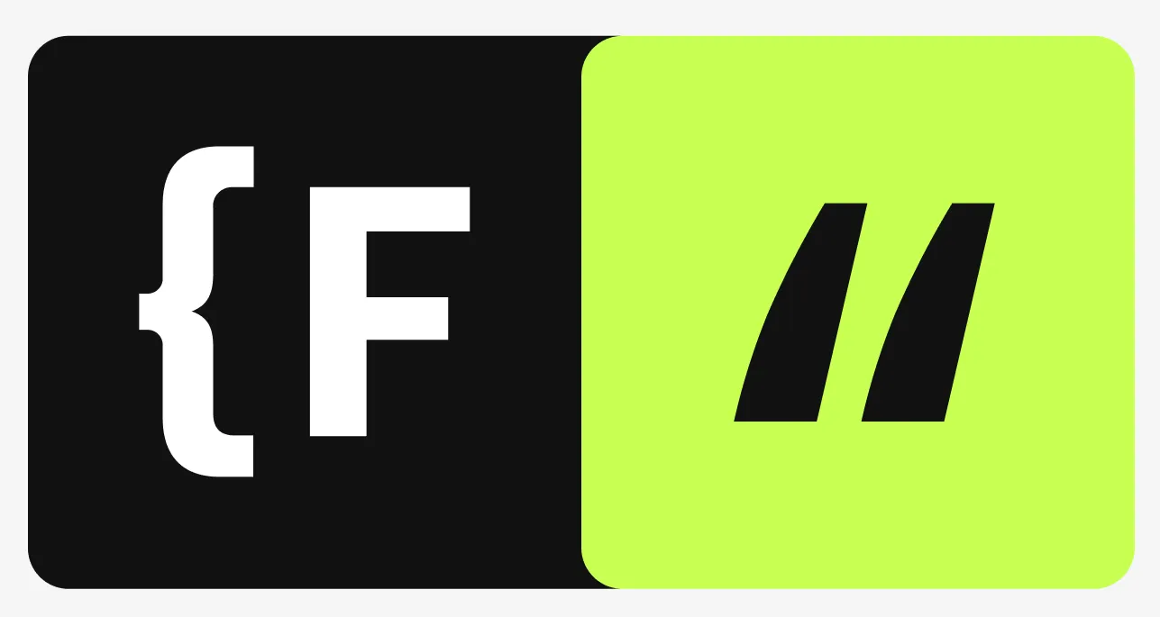 Black square with white curly brace and F next to a lime square with black double quotes.