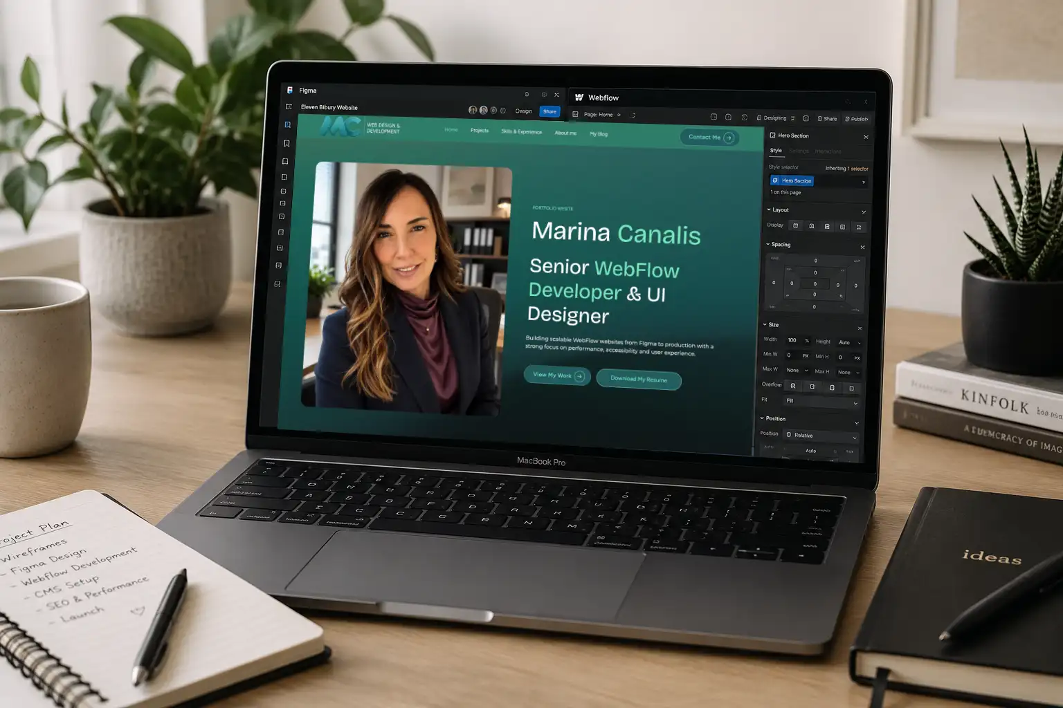 Laptop showing a portfolio webpage of Marina Canalis, Senior WebFlow Developer and UI Designer.