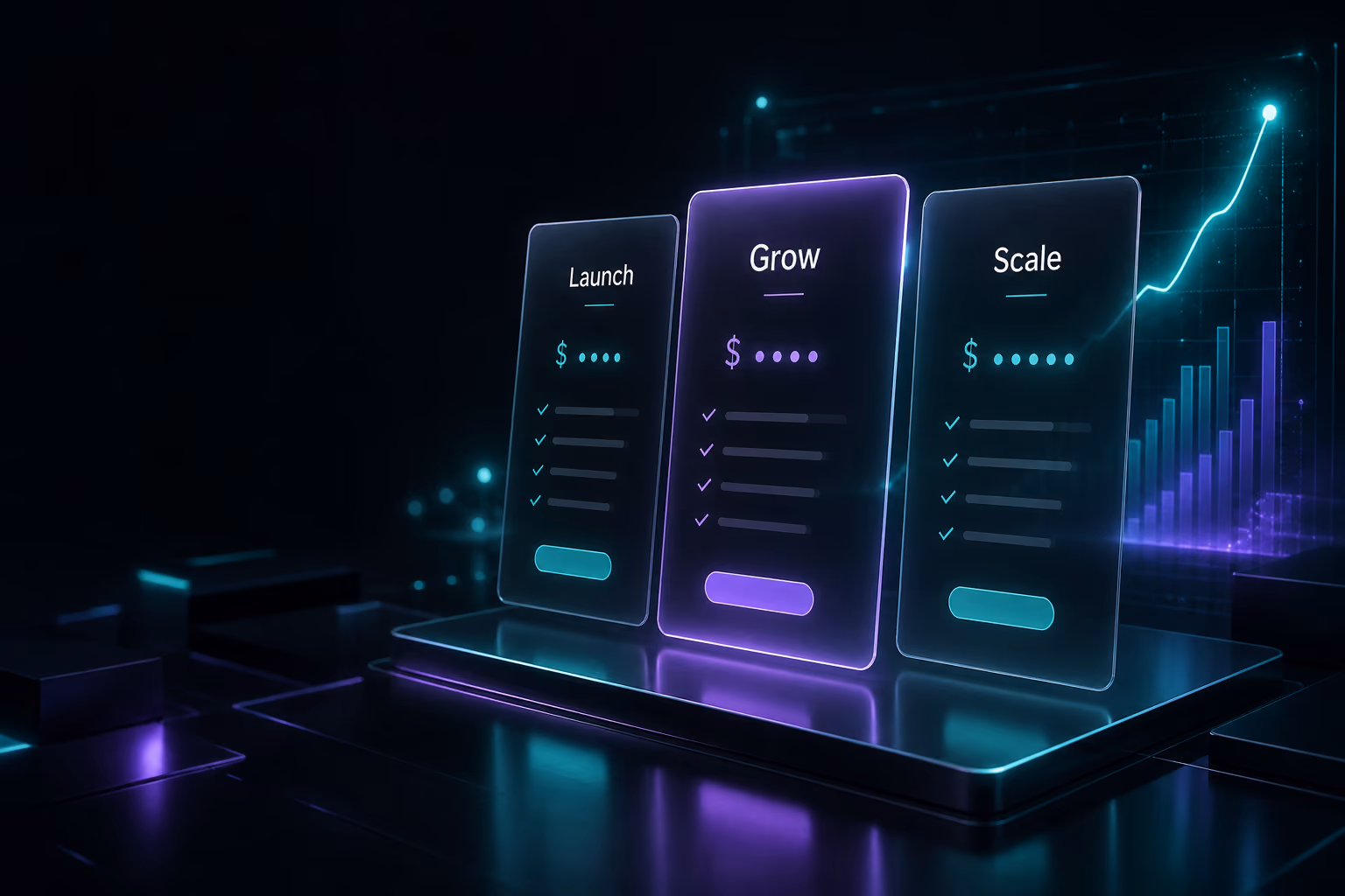 Three pricing plan cards Launch Grow Scale with growth chart for agency plans