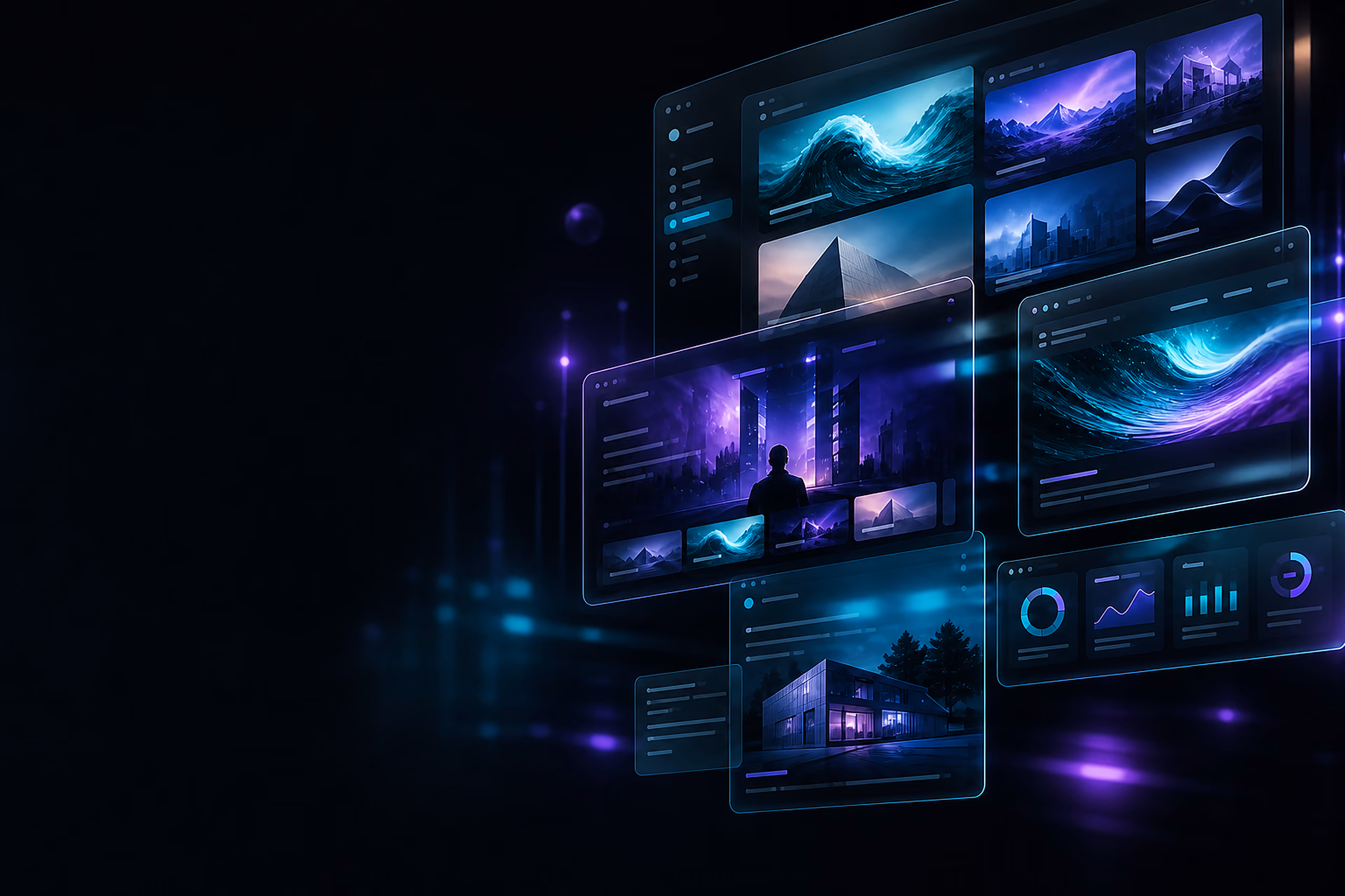 Collage of MC Design project interfaces with teal and violet glow