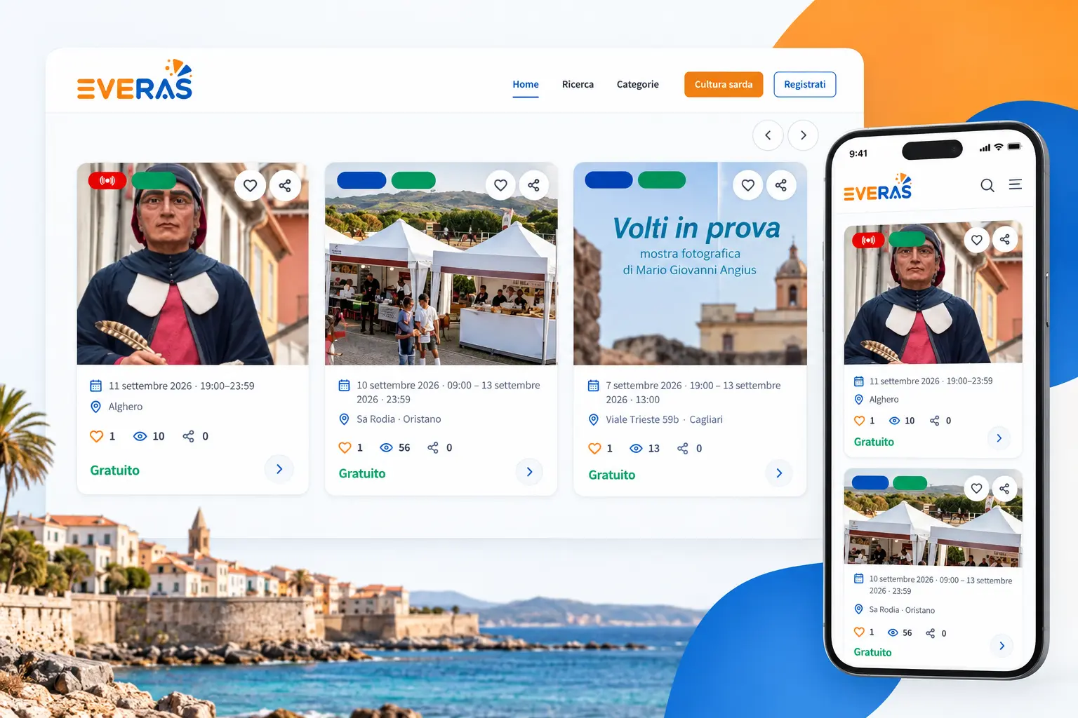 Interfaccia responsive e schede evento della piattaforma EVERAS
