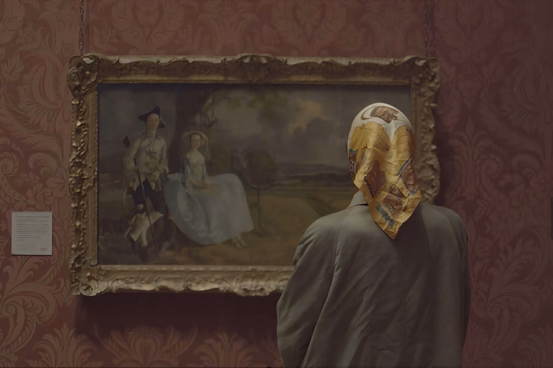Person wearing a patterned headscarf and gray coat viewing a framed classical painting of a man and woman in historical attire in a gallery with red patterned wallpaper.
