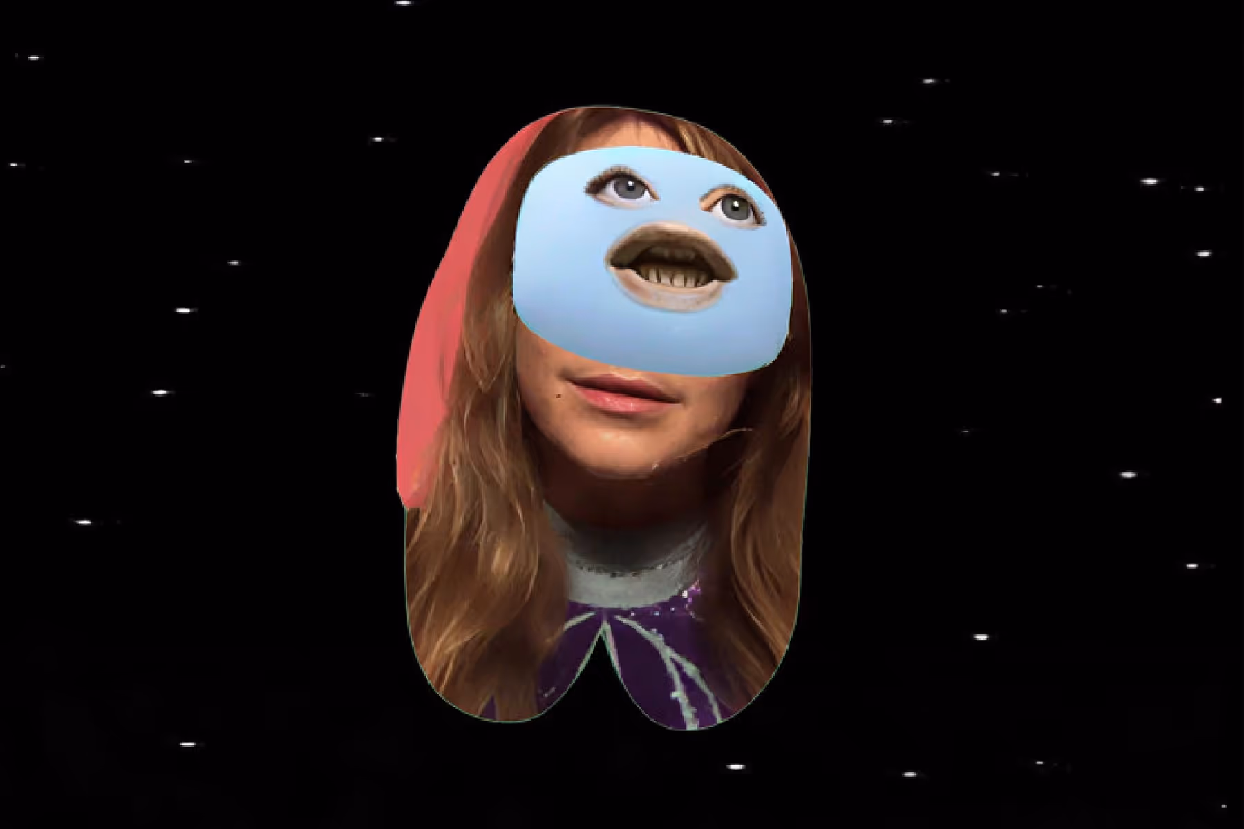 A surreal digital artwork showing a person with long hair and a hood wearing a humorous blue cartoonish face mask with exaggerated eyes and mouth, set against a starry black background.