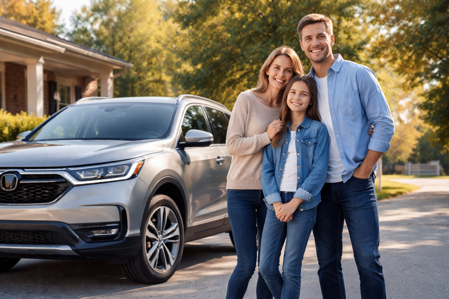 Happy Indiana family standing beside a modern SUV in a suburban driveway, representing trusted auto insurance protection and peace of mind | Timothy Doud | Allstate