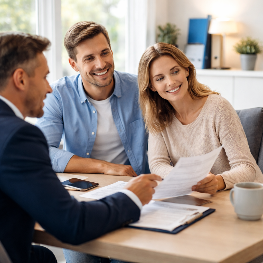 Indiana couple meeting with an insurance agent to review auto insurance coverage options, representing clear guidance, trusted support, and confident decision-making | Timothy Doud | Allstate