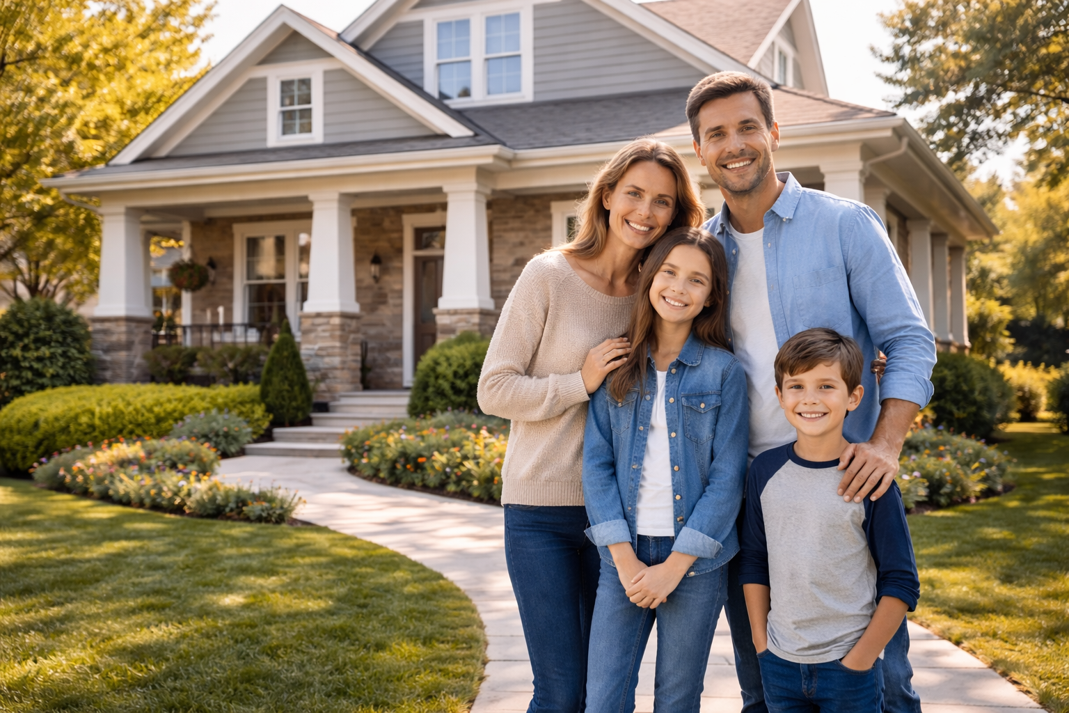 Happy Indiana family standing in front of a well-kept home, representing trusted homeowners insurance protection, security, and peace of mind | Timothy Doud | Allstate
