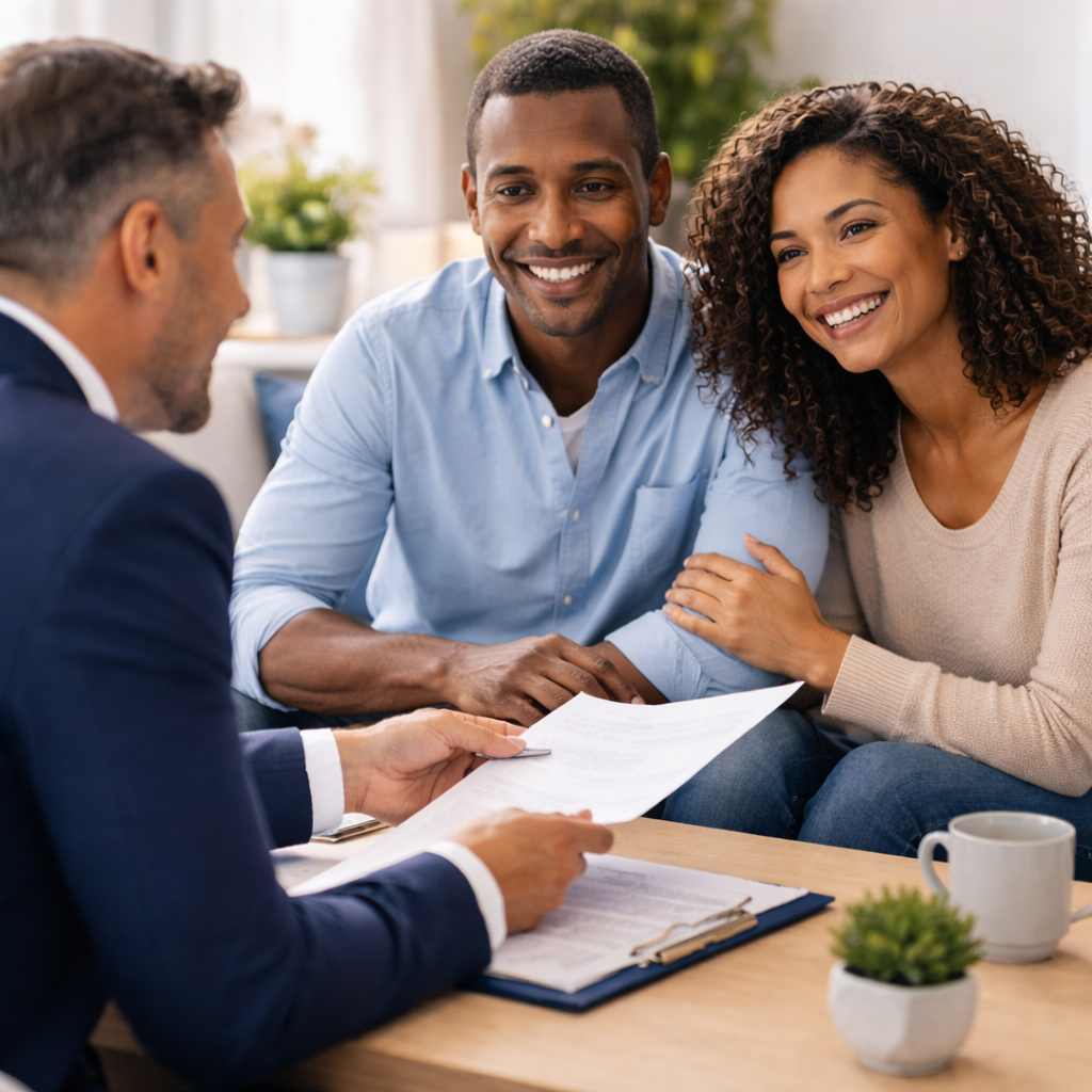 Couple meeting with an insurance advisor in a modern office, representing life insurance guidance, financial planning, and peace of mind for the future | Timohty Doud | Allstate