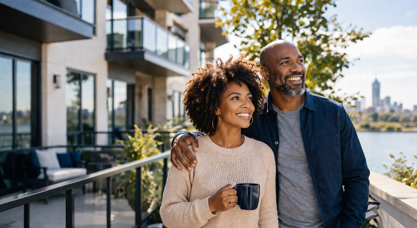 Couple outside a modern condo building, representing condo insurance protection, confident homeownership, and peace of mind | Timothy Doud | Allstate