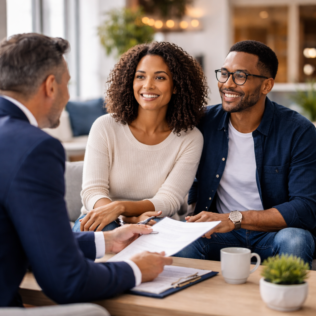 Couple meeting with an insurance advisor in a modern condo lounge, representing condo insurance guidance, clear answers, and confident protection for their home.