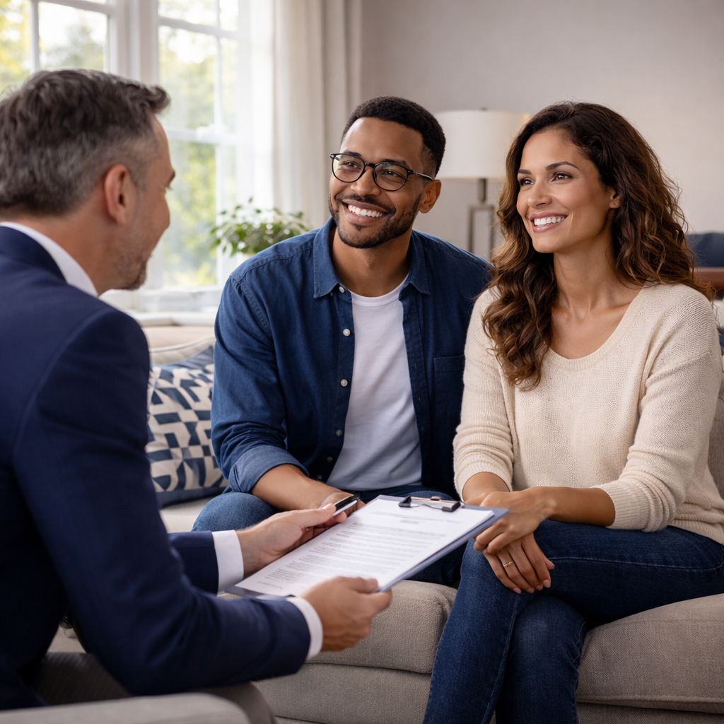 Couple meeting with an insurance advisor inside a manufactured home, representing manufactured home insurance guidance, clear answers, and confident coverage decisions.