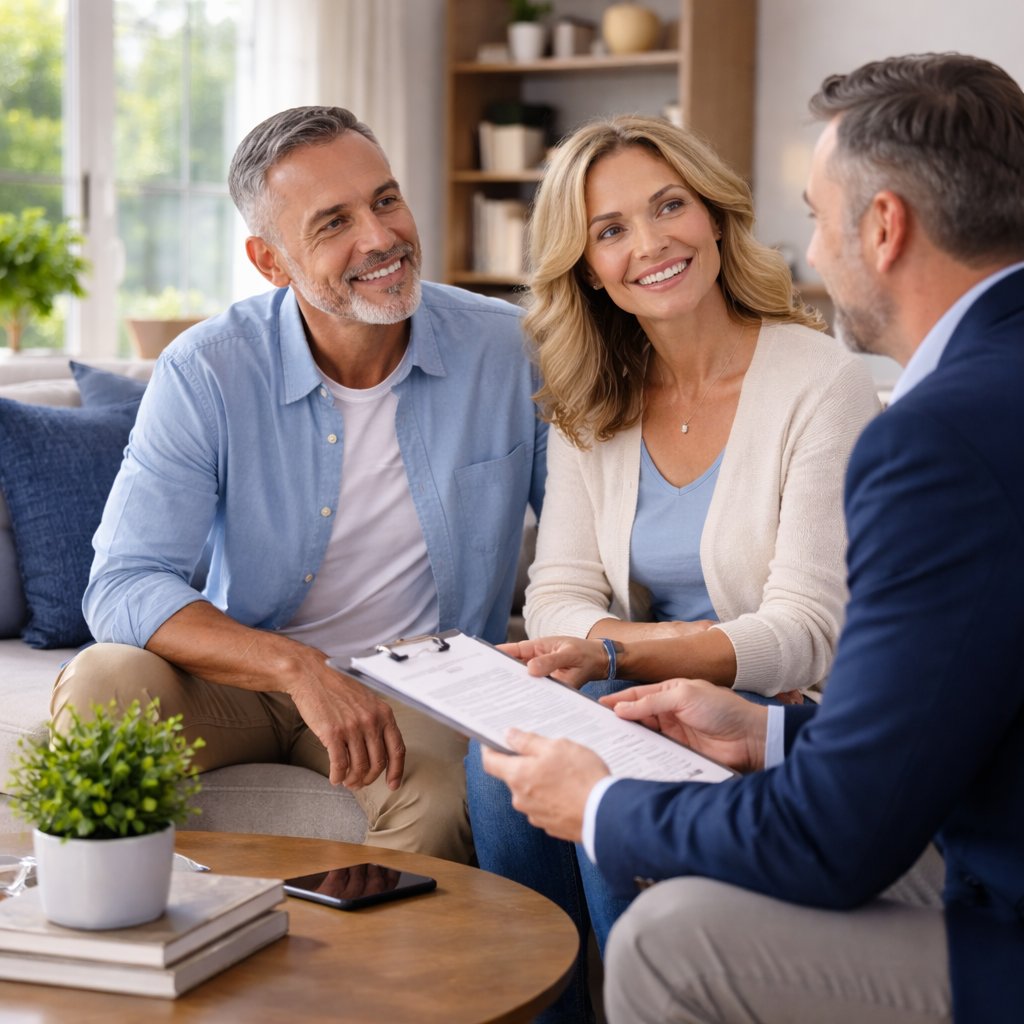 Couple meeting with an insurance advisor in a bright rental living room, representing renters insurance guidance, clear answers, and peace of mind.