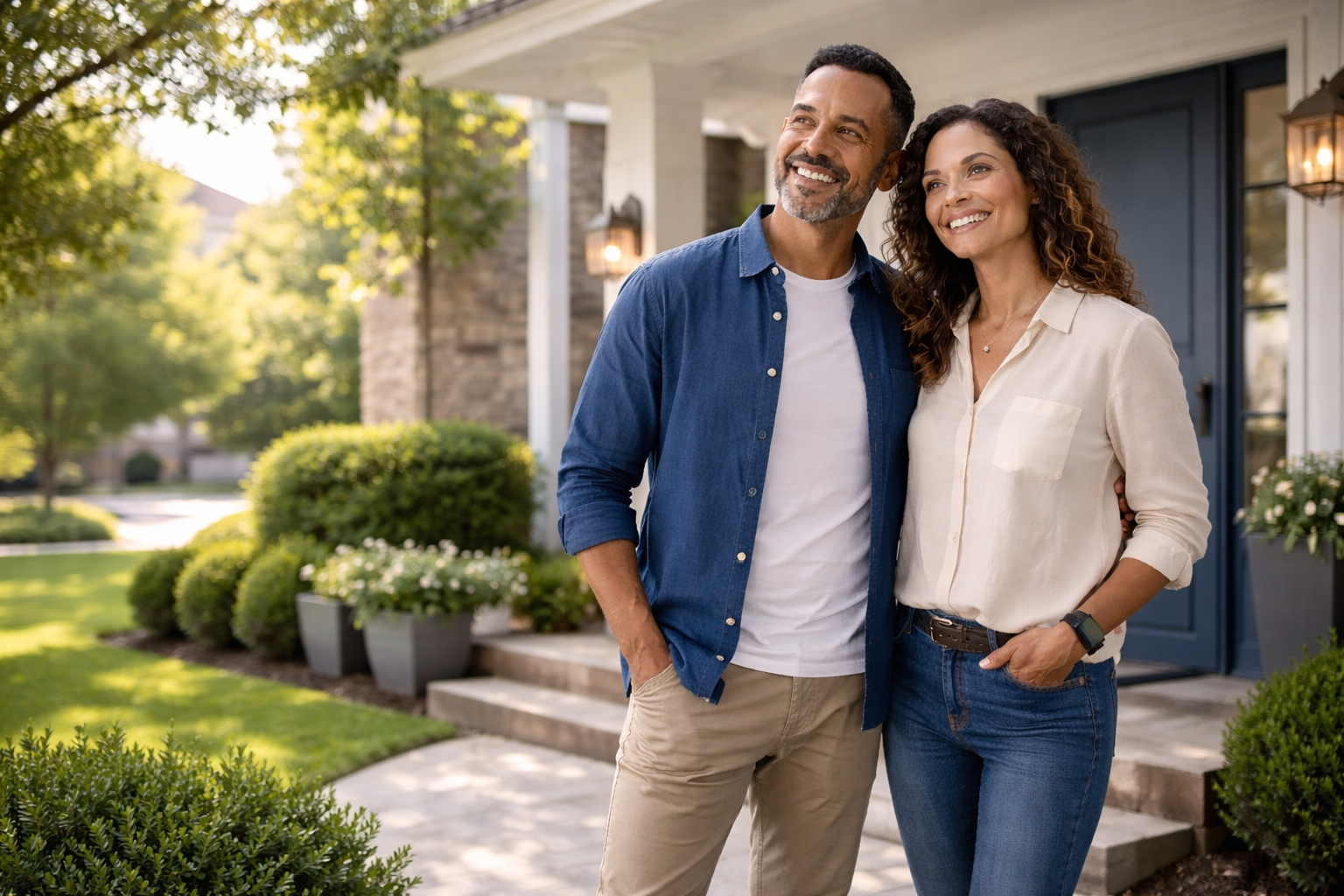 Couple standing outside an upscale home, representing personal umbrella insurance protection, added liability coverage, and long-term financial peace of mind | Timothy Doud | Allstate