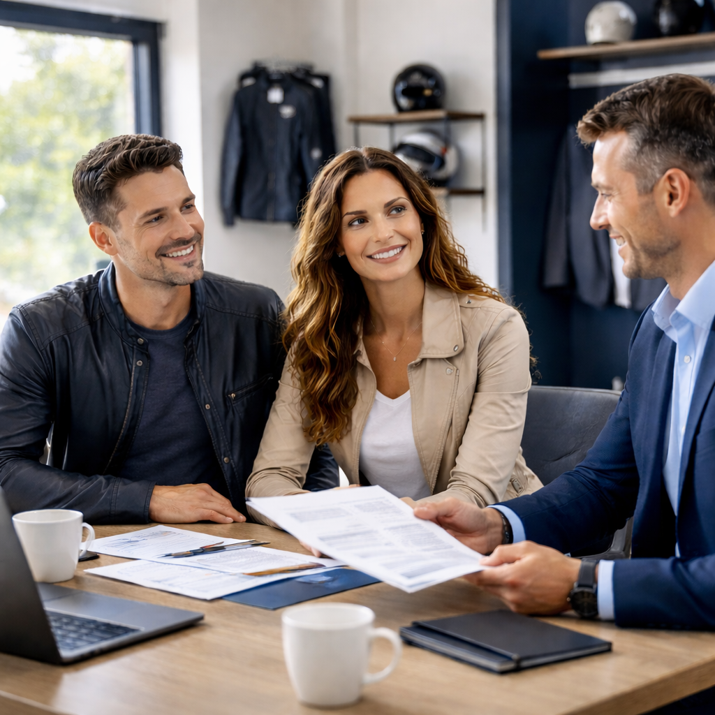 Young couple meeting with an insurance advisor in a modern office, representing motorcycle insurance guidance, clear answers, and confident coverage decisions | Timothy Doud | Allstate