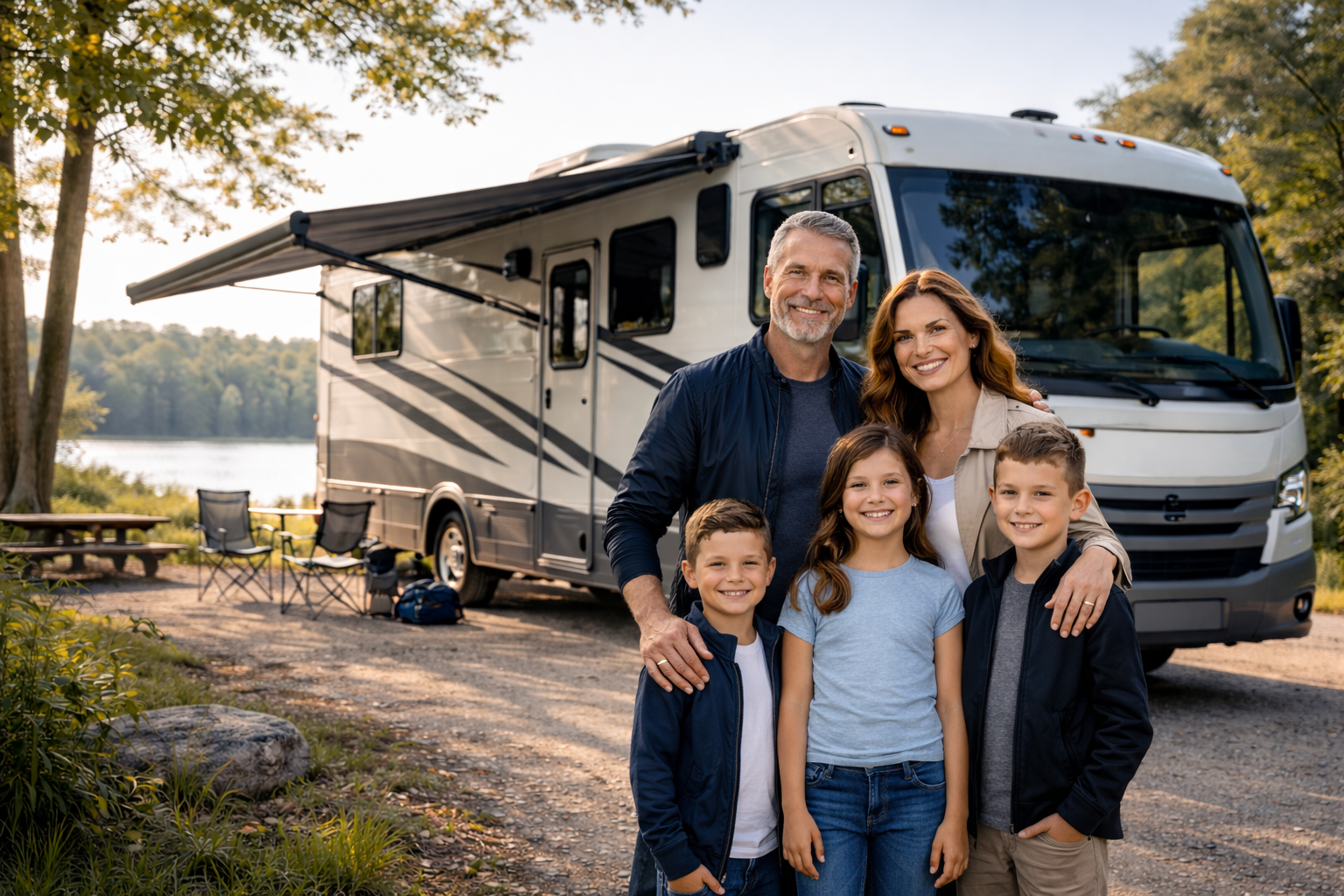 Family of five standing beside a motorhome at a lakeside campsite, representing RV insurance protection, family travel confidence, and peace of mind on the road | Timothy Doud | Allstate