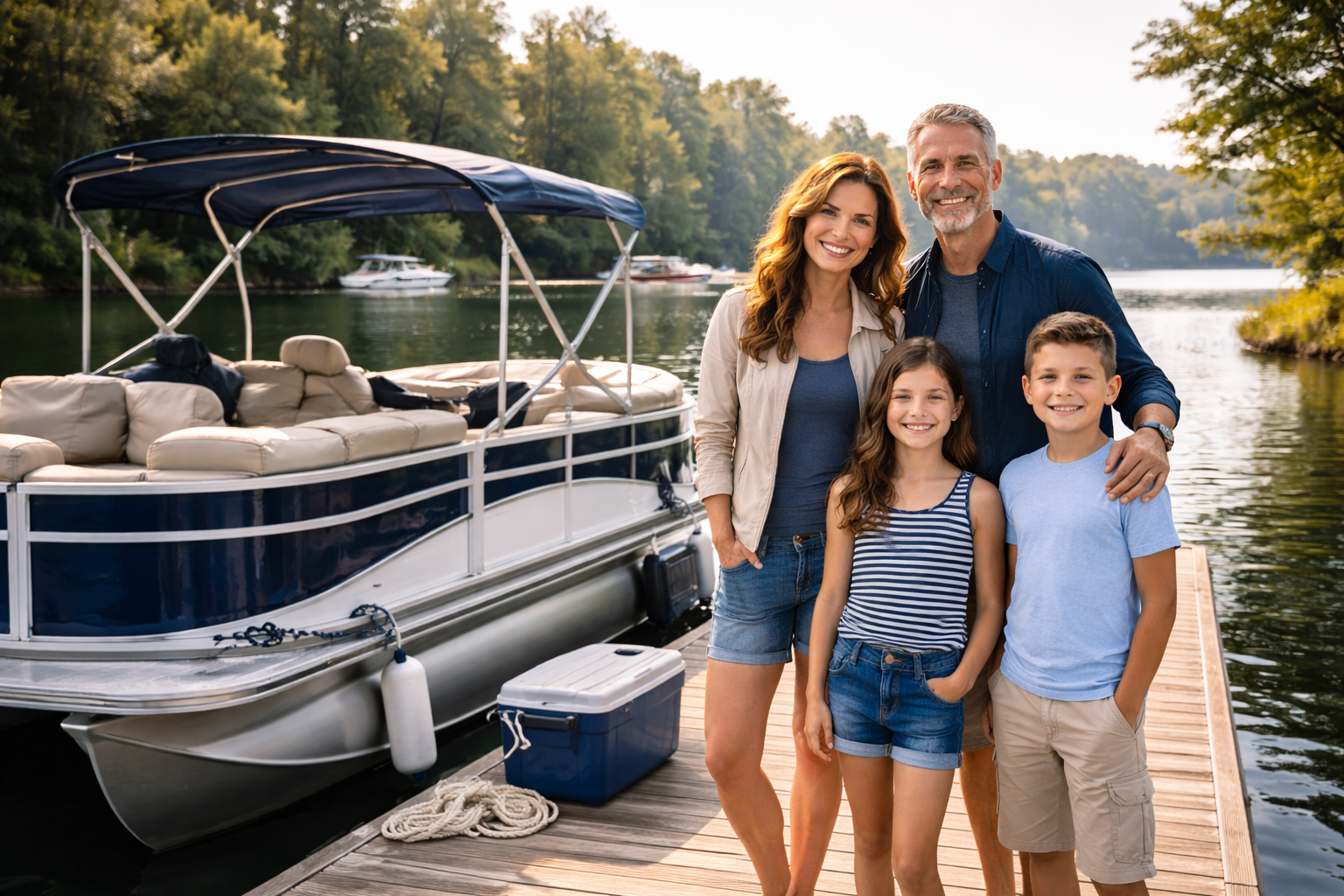 Family standing on a lakeside dock beside a pontoon boat, representing boat insurance protection, safe recreation, and peace of mind on the water | Timothy Doud | Allstate
