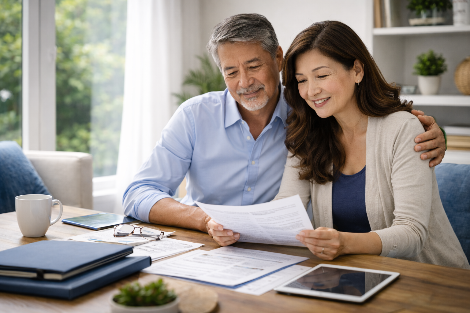 Couple reviewing retirement and investment planning documents at home, representing financial guidance, future planning, and peace of mind | Timothy Doud | Allstate