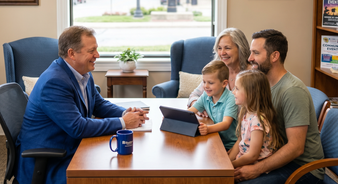 Diverse insurance agent discusses options with a family in a warm Indiana office, showcasing community connection.