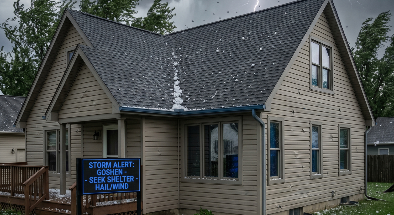 Home in Goshen, IN, facing severe hailstorm with visible roof damage under dramatic stormy skies.