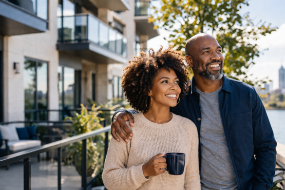 Couple outside a modern condo building, representing condo insurance protection, confident homeownership, and peace of mind | Timothy Doud | Allstate