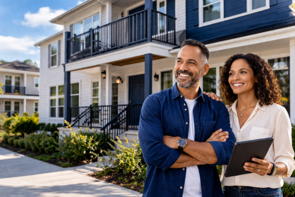 Couple standing in front of a duplex rental property, representing landlord insurance protection, investment confidence, and peace of mind | Timothy Doud | Allstate