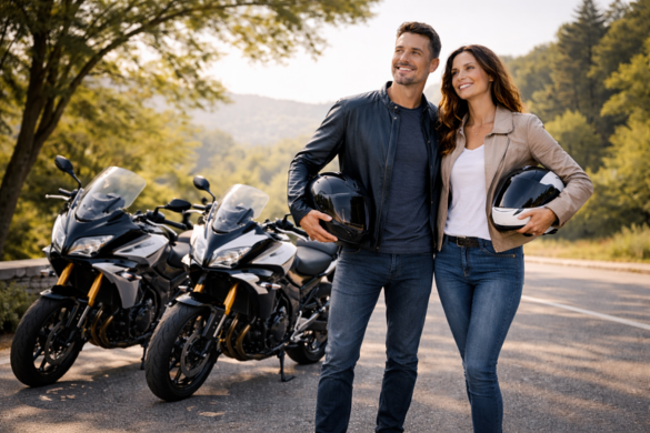 Young couple standing beside two motorcycles at a scenic overlook, representing motorcycle insurance protection, responsible riding, and confidence on the road | Timothy Doud | Allstate