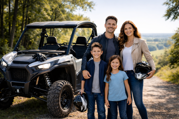 Family with children standing beside an off-road vehicle on a scenic trail, representing ATV insurance protection, safe recreation, and peace of mind for family adventures | Timothy Doud | Allstate