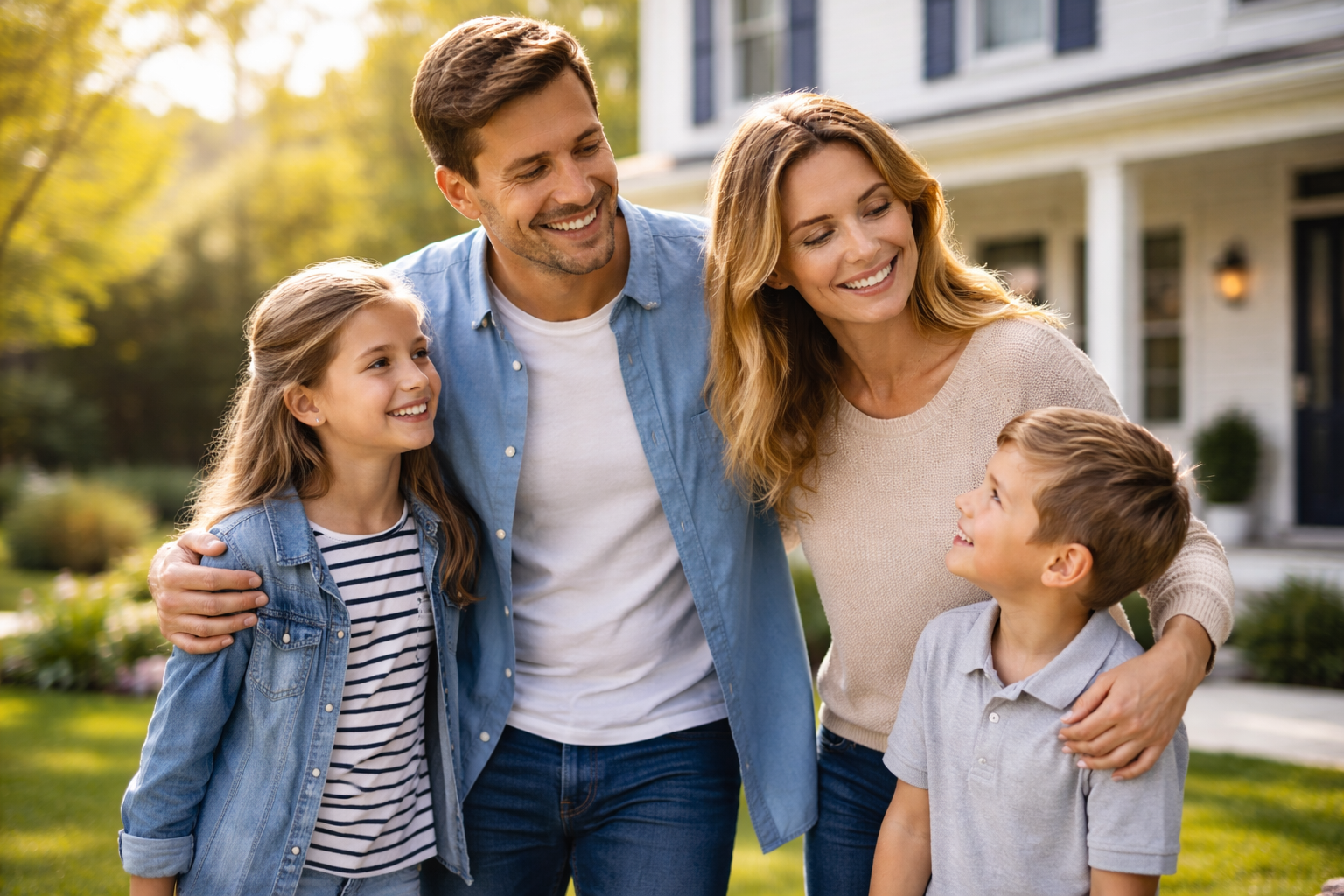 Smiling Indiana family outside their home, representing life insurance protection, long-term security, and peace of mind for the future | Timothy Doud | Allstate